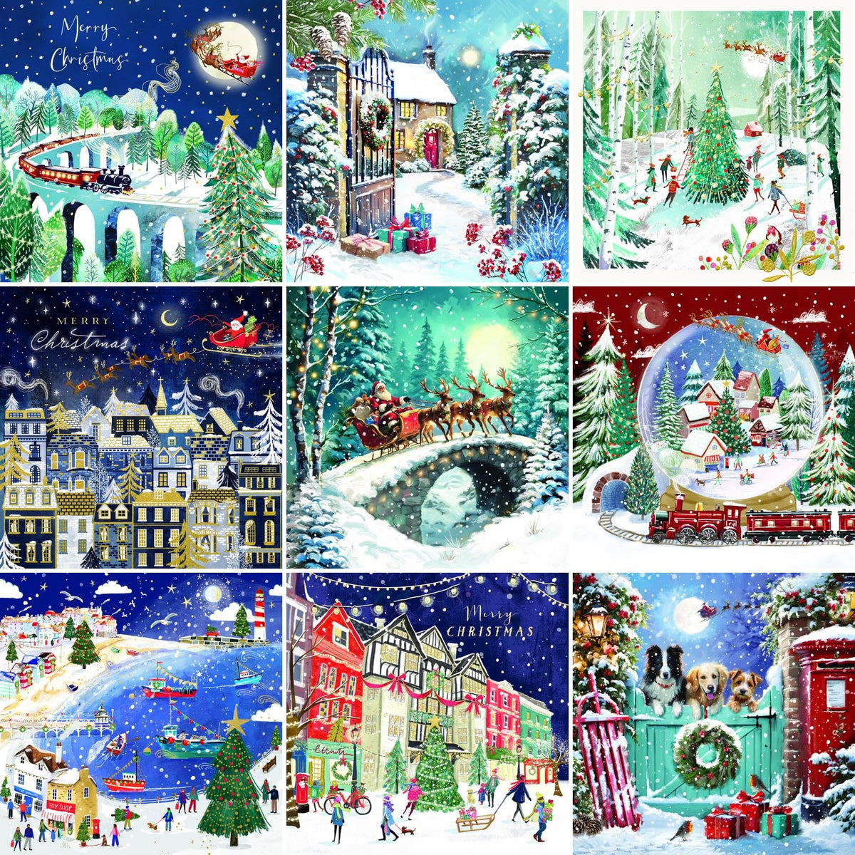 Ling Design Scenic Charity Christmas Cards - Pack of 6 Square Xmas Cards with Envelopes - Snowy Village, Santa Sleigh, Steam Train & Seaside Designs - 40p Donated to UK Charities