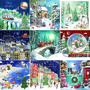 Ling Design Scenic Charity Christmas Cards - Pack of 6 Square Xmas Cards with Envelopes - Snowy Village, Santa Sleigh, Steam Train & Seaside Designs - 40p Donated to UK Charities