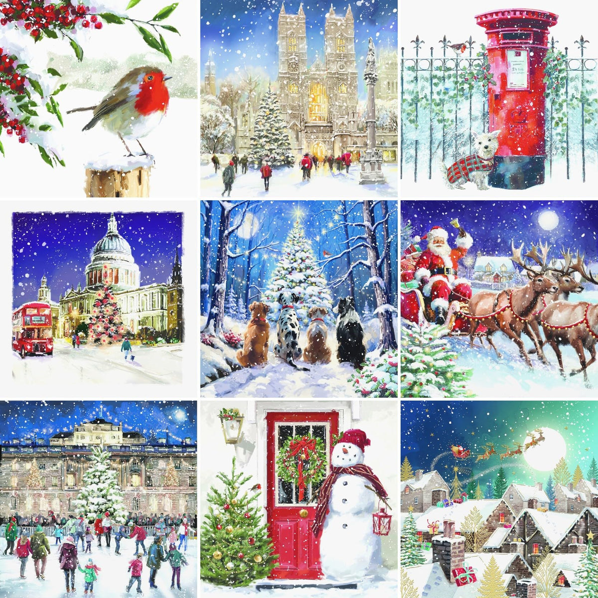 Ling Design Vintage Charity Christmas Cards - Pack of 6 Square Xmas Cards with Envelopes - Robin, St Paul's, Santa's Sleigh, Snowman & Skating Designs - 40p Donated to UK Charities