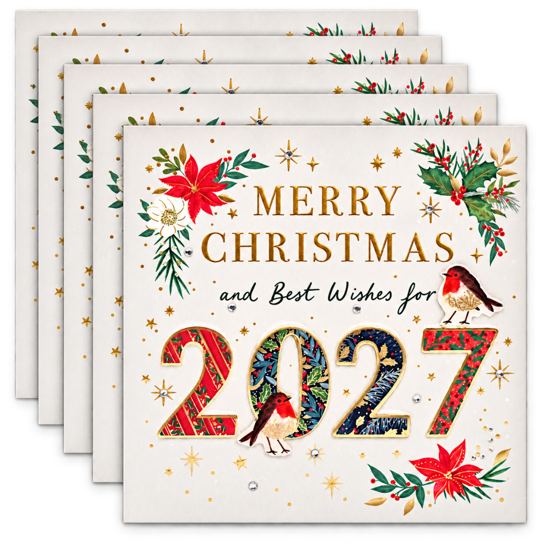 Exquisite Luxury Handmade Merry Christmas & Best Wishes 2027 Cards, Pack of 5 by Ling Design
