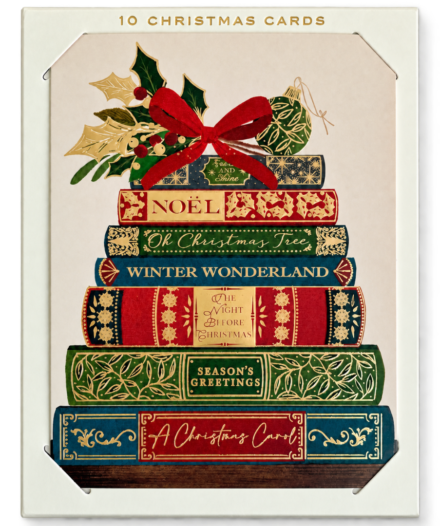 Ling Design Festive Book Stack Luxury Gold Embossed Christmas Cards, Box of 10 - 2026 Card Industry Award Winner