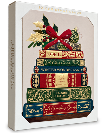 Ling Design Festive Book Stack Luxury Gold Embossed Christmas Cards, Box of 10 - 2026 Card Industry Award Winner
