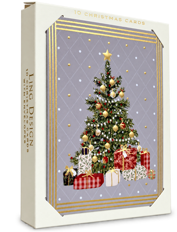 Ling Design Ultra Luxury Gold Embossed Festive Christmas Tree Cards, Pack of 10, Award-Winning Design Range