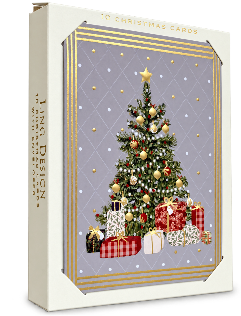 Ling Design Ultra Luxury Gold Embossed Festive Christmas Tree Cards, Pack of 10, Award-Winning Design Range