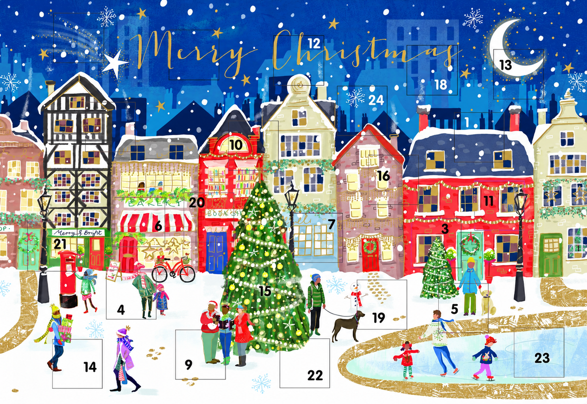 Festive Street Snowy Town Advent Calendar, 24 Door Traditional Card with Envelope - Ling Design