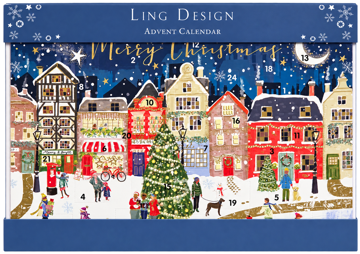 Festive Street Snowy Town Advent Calendar, 24 Door Traditional Card with Envelope - Ling Design