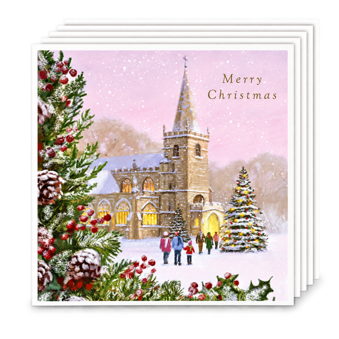 Festive Snowy Church Charity Christmas Cards Pack of 5 ? Artistic Holiday Greeting Card Multipack
