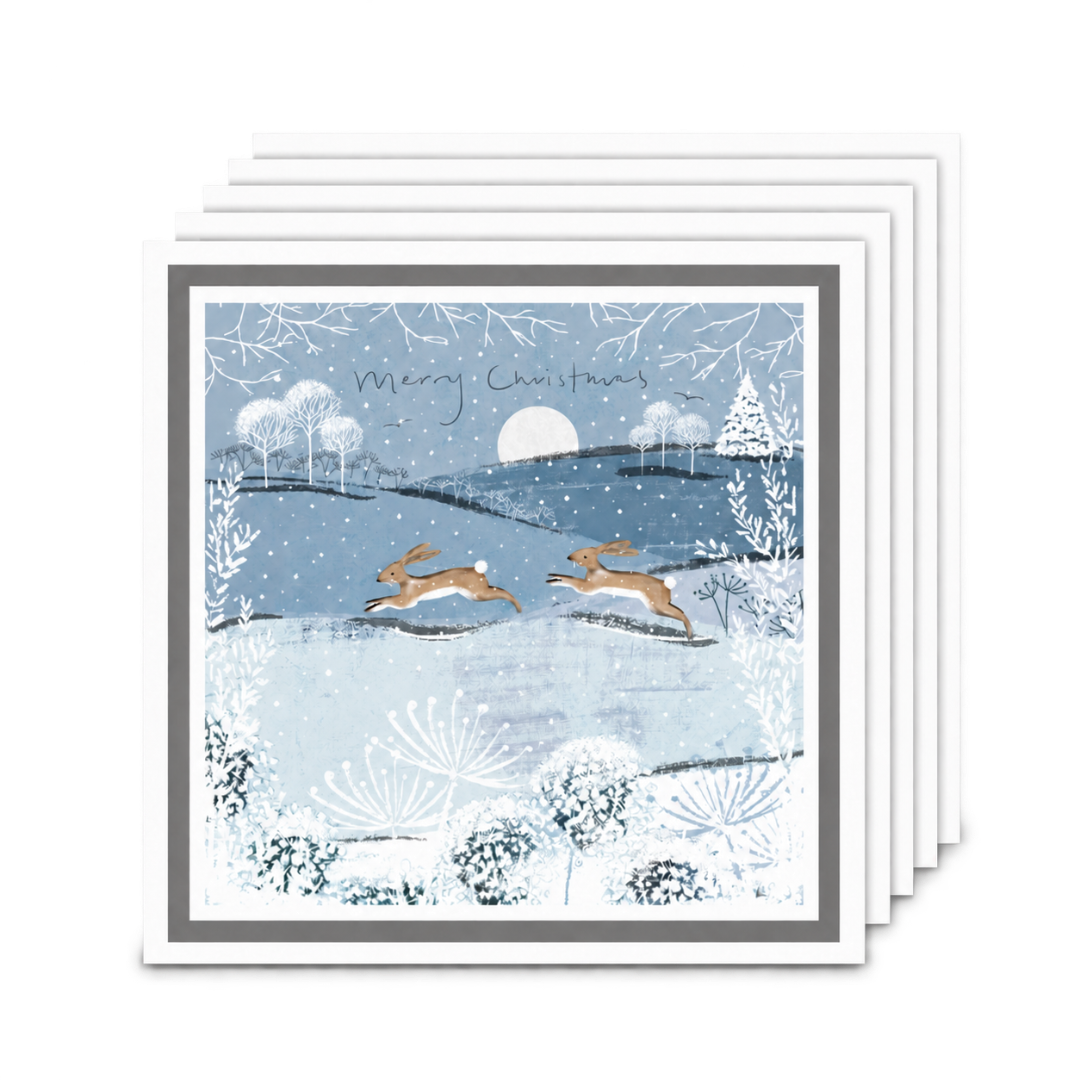 Pack of 5 Hare Christmas Cards Leaping Hares Snowy Winter Scene Moon + Envelopes