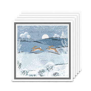 Pack of 5 Hare Christmas Cards Leaping Hares Snowy Winter Scene Moon + Envelopes