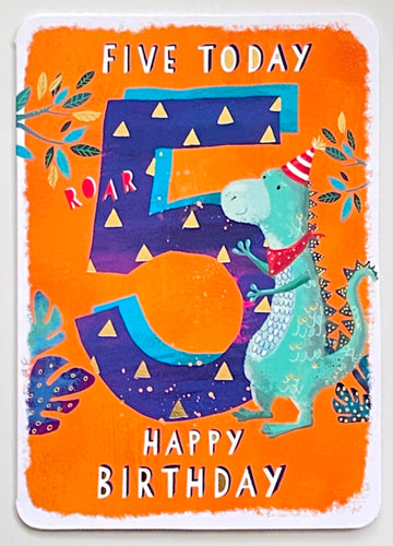 Five Today 5 Happy Birthday Card 5th Roar Dinosaur with Party Hat Contemporary Art