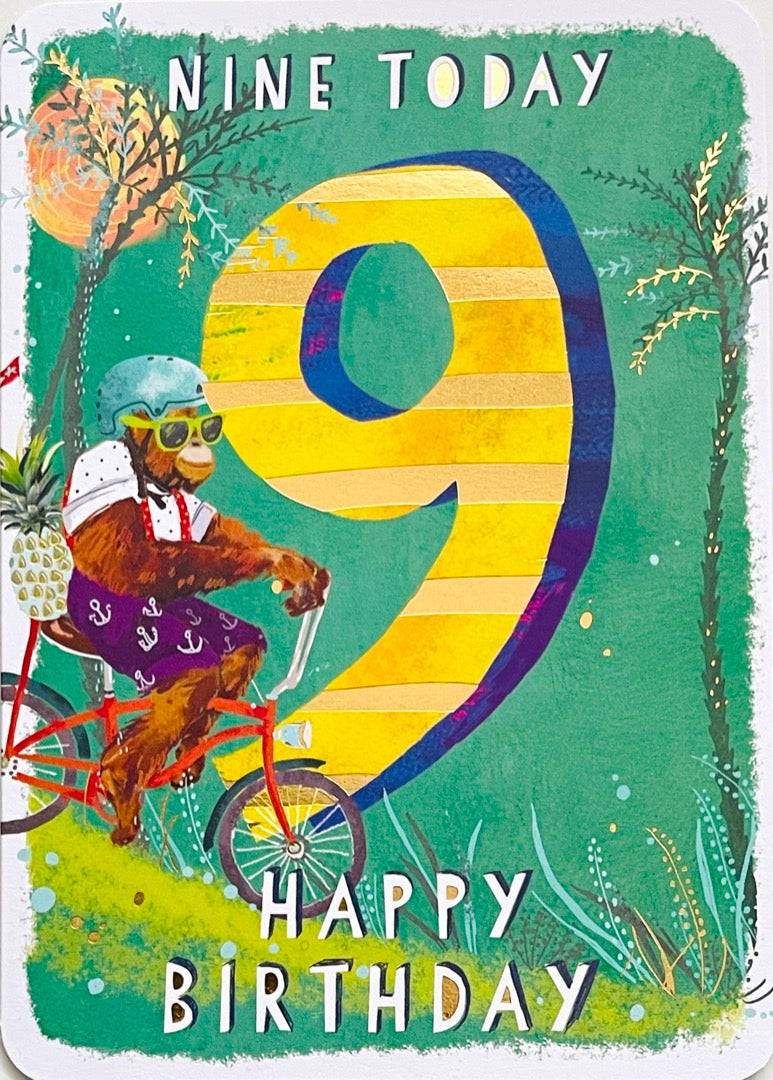 Nine Today 9th Brilliant Happy Birthday Cool Orangutang on Bicycle Jungle Cruise