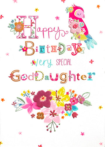 Very Special Goddaughter Happy Birthday Card Parrot and Flowers Colourful Foil Art