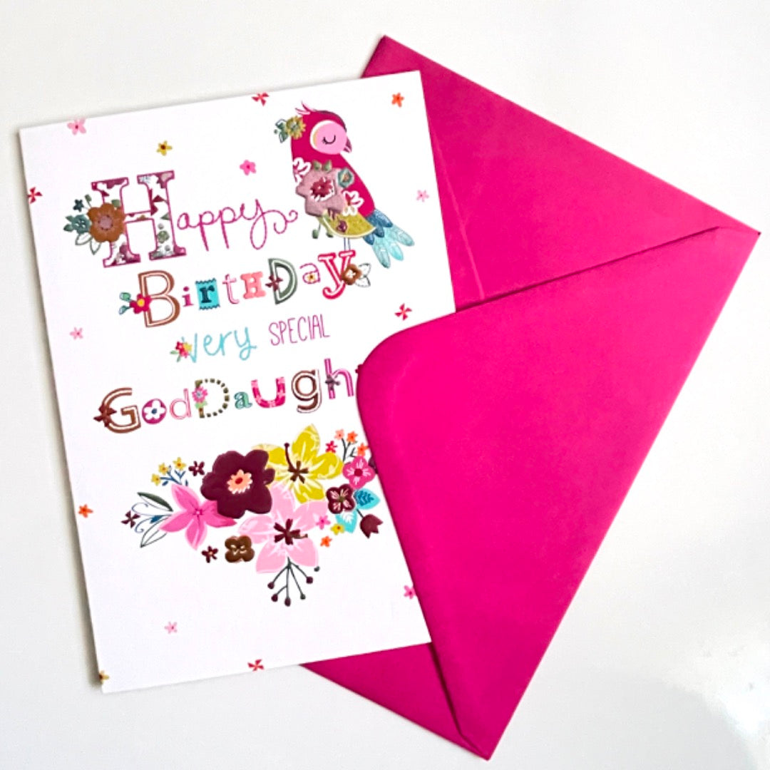 Very Special Goddaughter Happy Birthday Card Parrot and Flowers Colourful Foil Art