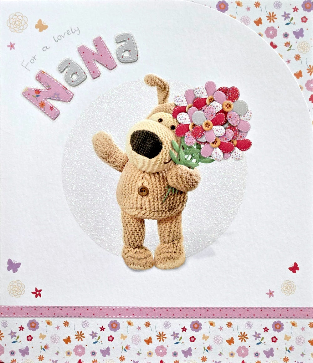 For A Lovely Nana Mothers Day Greeting Card Boofle Dog Holding Flowers with Glitter Finish By UKG