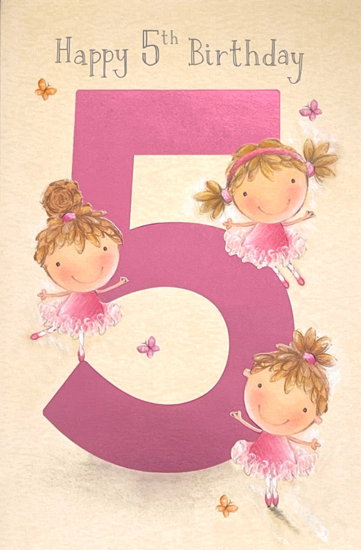 Happy 5th Birthday Card Pretty Pink Tutu Ballerinas and Butterflies Age 5 Girl
