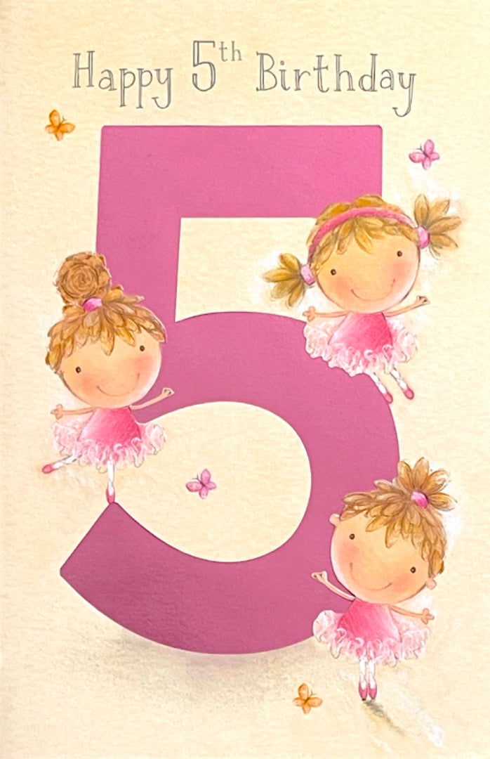 Happy 5th Birthday Card Pretty Pink Tutu Ballerinas and Butterflies Age 5 Girl