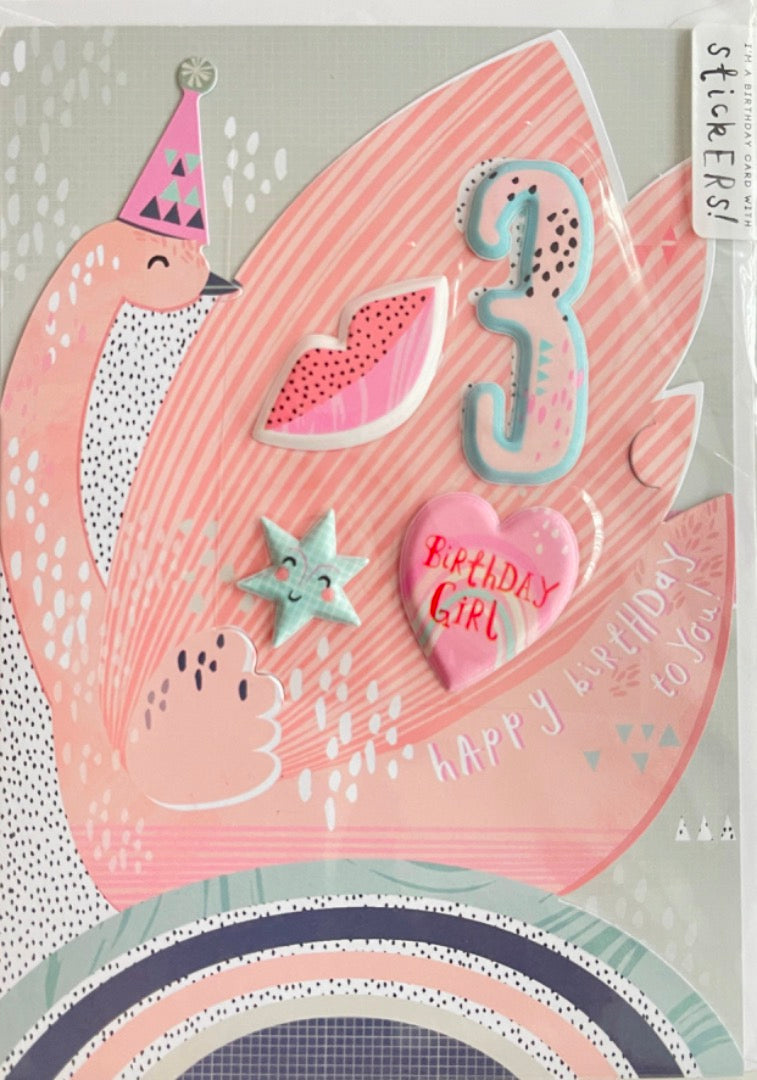 Pretty Pink Swan 3rd Birthday Girl Card with Stickers Heart star Kiss Hotchpotch