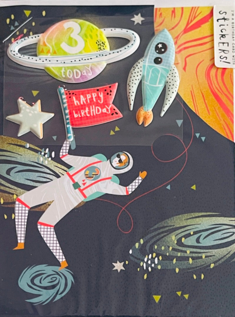 Spaceman Astronaut 3 today 3rd Birthday Card with Stickers Planet Rocket Star Hotchpotch