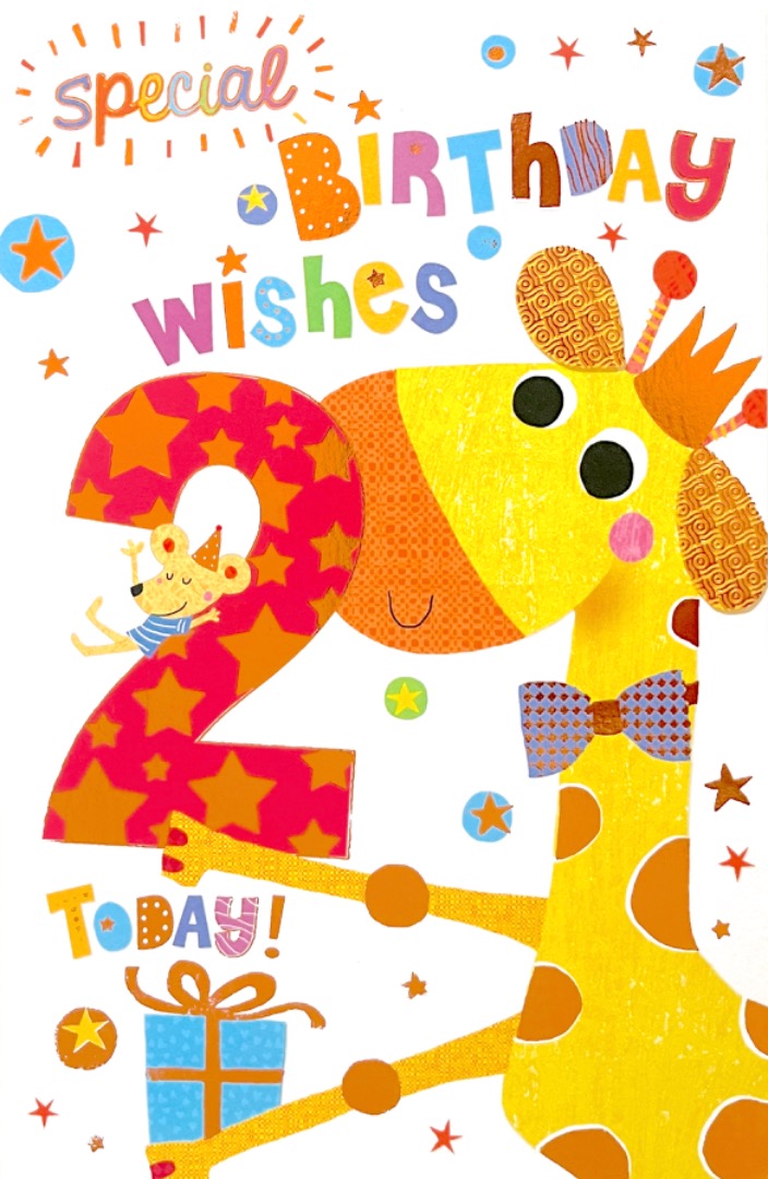 Happy 2nd Birthday Special Wishes Card Giraffe and Mouse Gift Colourful Fun Age 2