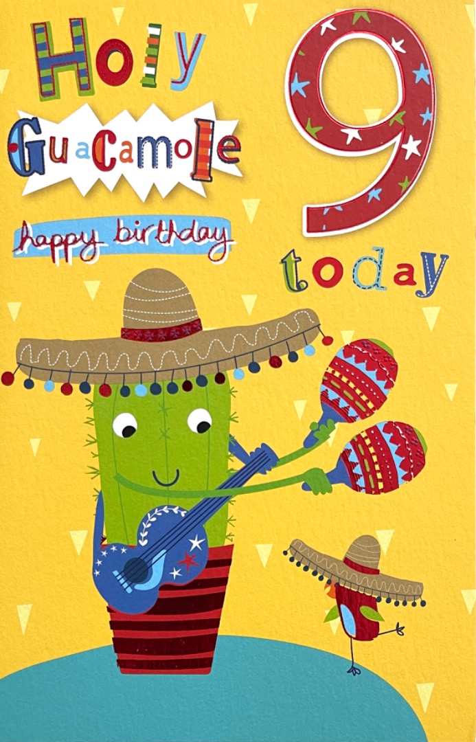 9 Today Holy Guacamole Happy 9th Birthday Card Cactus with Maracas Guitar Sombrero Hat