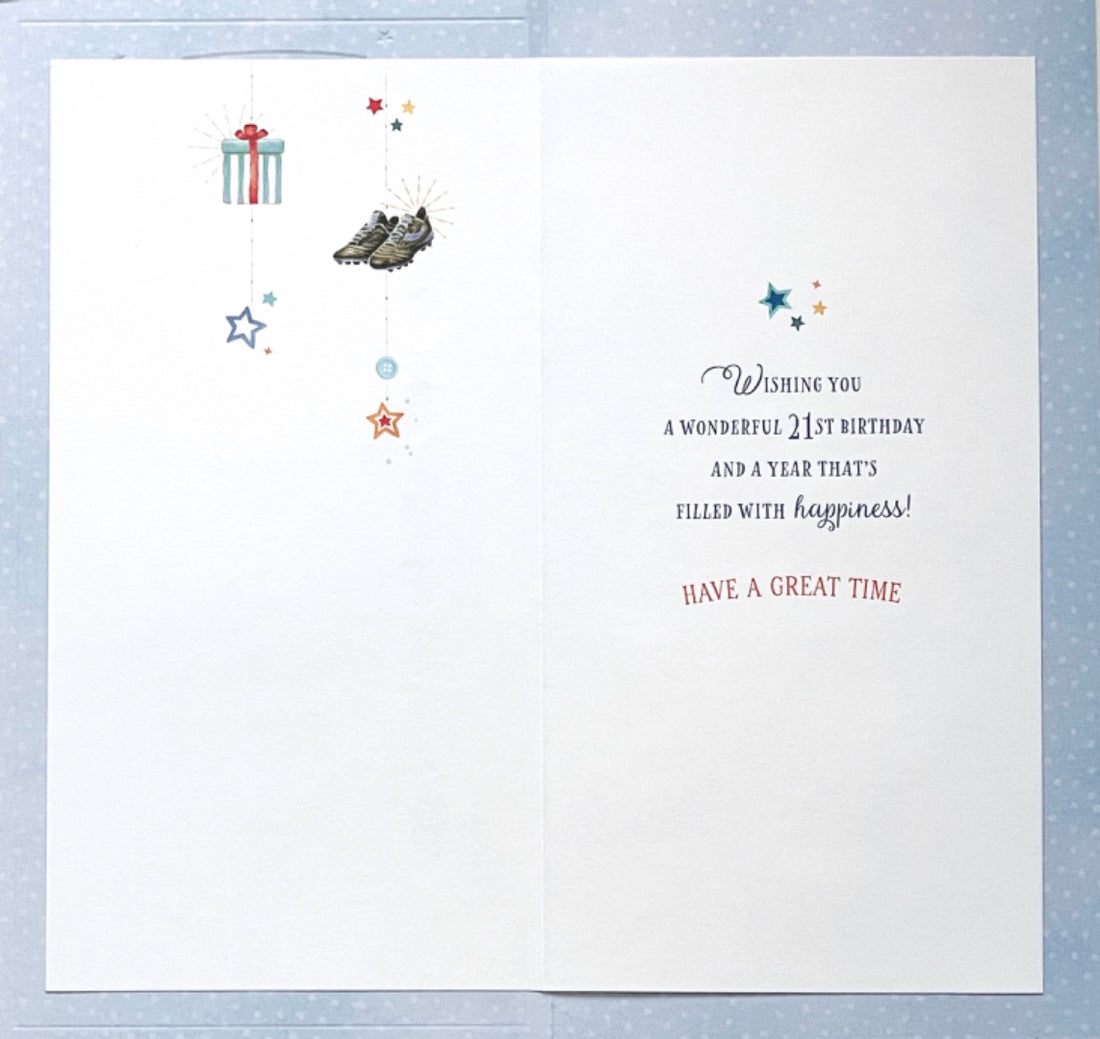 On Your 21st Birthday Card for Him Cake Balloons Football Beer Gift Age 21 Key Art