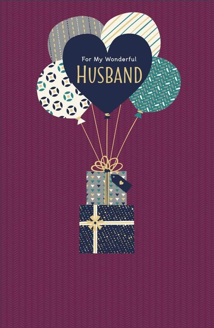 For My Wonderful Husband Happy Birthday Card Gifts and Balloons Contemporary Art