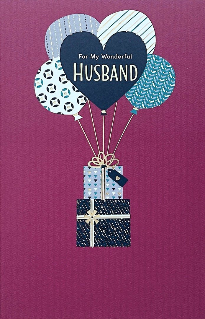 For My Wonderful Husband Happy Birthday Card Gifts and Balloons Contemporary Art