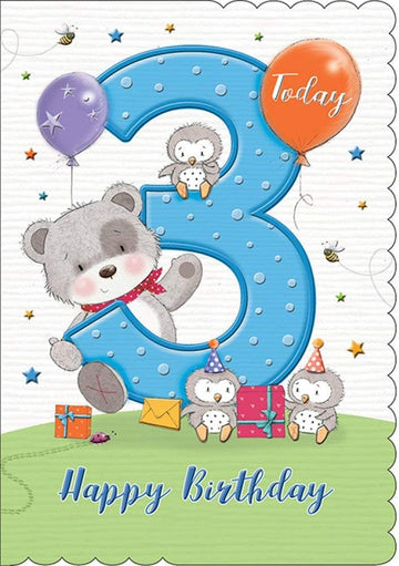 3 Today Happy 3rd Birthday Hip Hip Hooray Cute Teddy Bear and Owls with Gifts - Blue