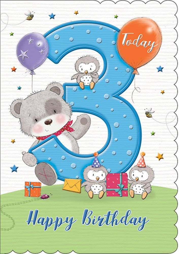 3 Today Happy 3rd Birthday Hip Hip Hooray Cute Teddy Bear and Owls with Gifts - Blue