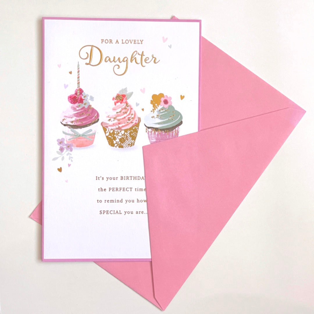 Lovely Daughter Happy Birthday Card Beautiful Cupcakes Gold Glitter Watercolour Art