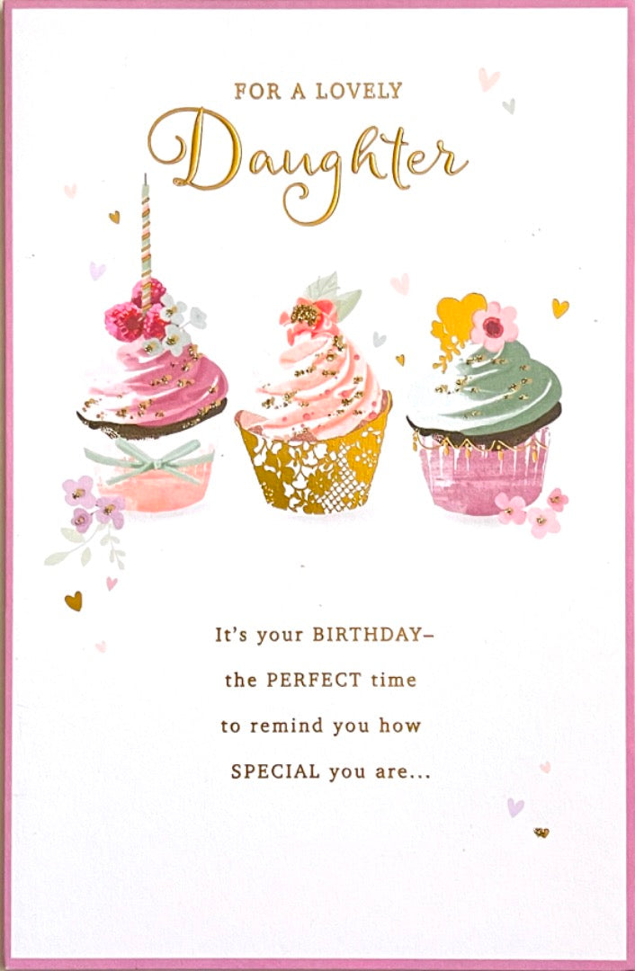 Lovely Daughter Happy Birthday Card Beautiful Cupcakes Gold Glitter Watercolour Art