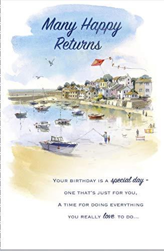 Many Happy Returns Birthday Greeting Card Seaside Boats Fishing Kites for Him