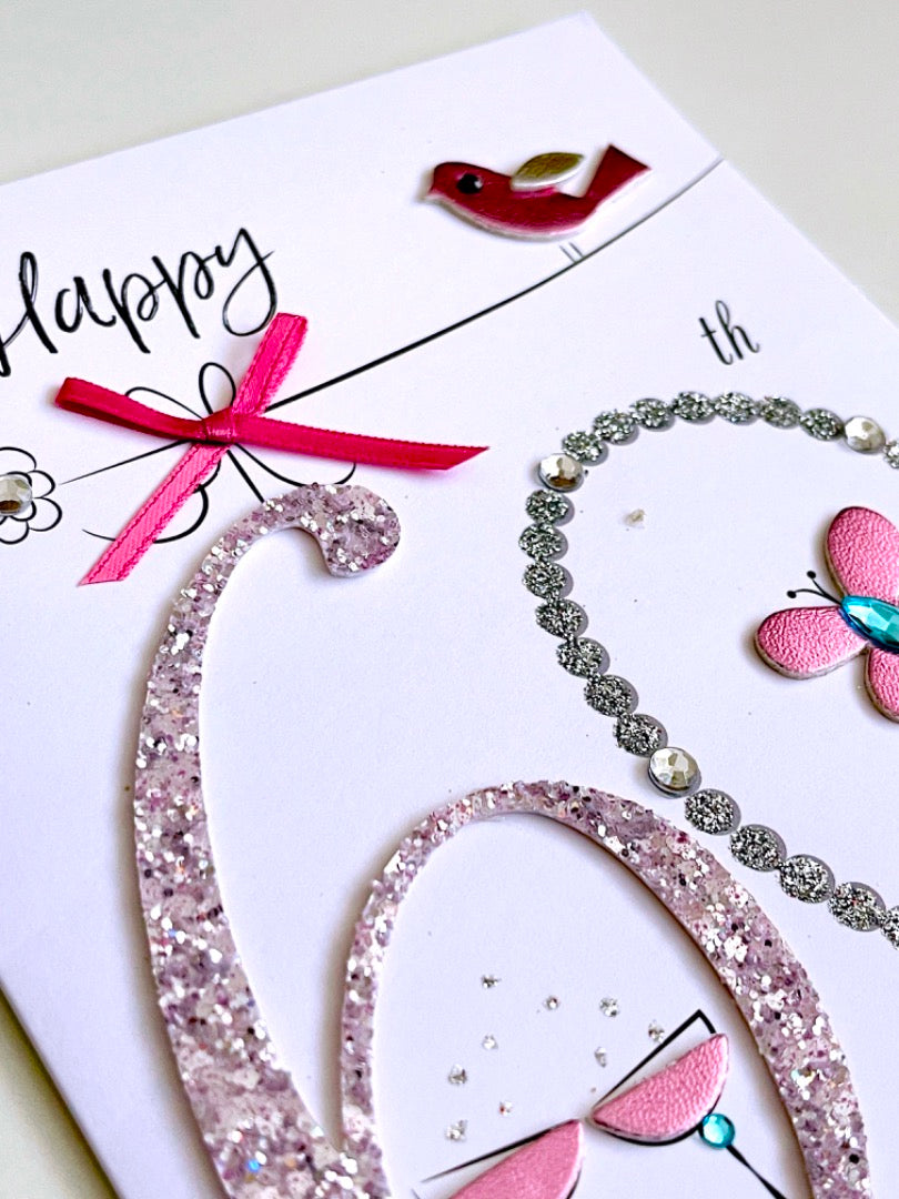 Happy 60th Birthday Card Hand-Finished 3D Embellishment and Glitter Bird Butterfly Drinks