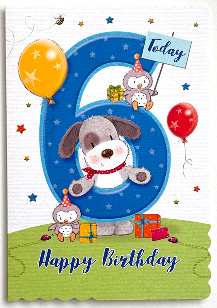 6 Today Happy 6th Birthday Hip Hip Hooray Cute Dog Owls Gifts and Balloons - Blue