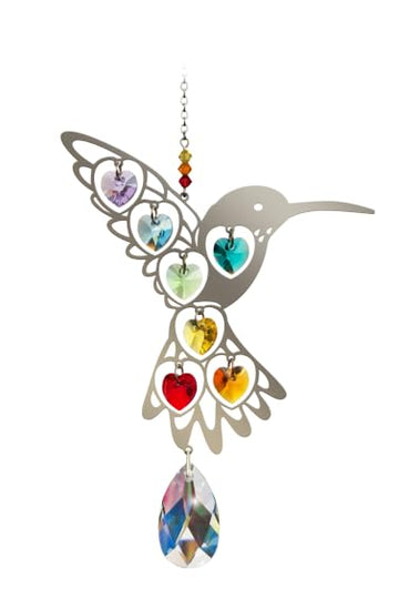 Hummingbird Rainbow Crystals & Dreams Pure Radiance Large Chrome Motif with Coloured Crystal Hearts Hanging Sun-Catcher Mobile