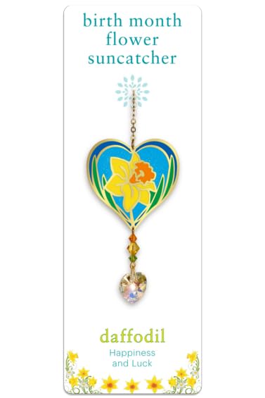 March - Daffodil Birth Month Flower Sun-Catcher Mobile in Stained Glass Effect - Sparkling Crystal Heart Adorned - Embellished with Hand-Crafted Beadwork