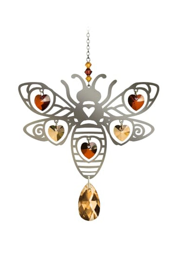 Bee Autumn Gold Pure Radiance Large Chrome Motif with Crystal Hearts Hanging Sun-Catcher Rainbow Maker Mobile