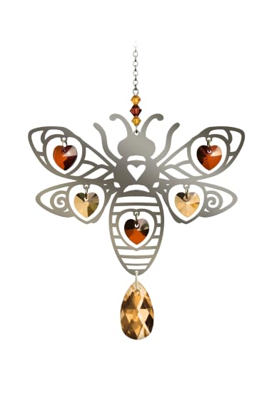 Bee Autumn Gold Pure Radiance Large Chrome Motif with Crystal Hearts Hanging Sun-Catcher Rainbow Maker Mobile