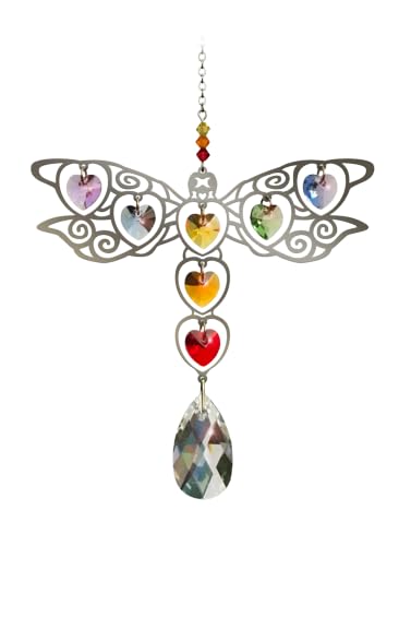 Dragonfly Large Chrome Motif with Rainbow Crystal Hearts - Hanging Sun-Catcher Mobile - Handmade with Crystal Pendant