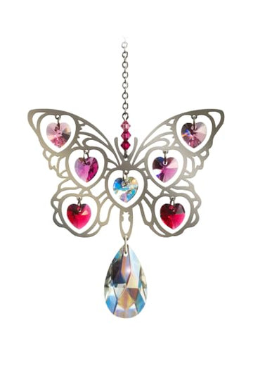 Butterfly Fuchsia Coloured Crystal Hearts Large Chrome Motif Hanging Sun-Catcher - Handmade with Crystal Pendant