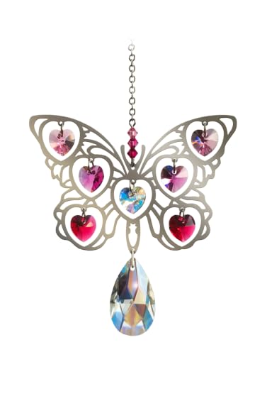 Butterfly Fuchsia Coloured Crystal Hearts Large Chrome Motif Hanging Sun-Catcher - Handmade with Crystal Pendant