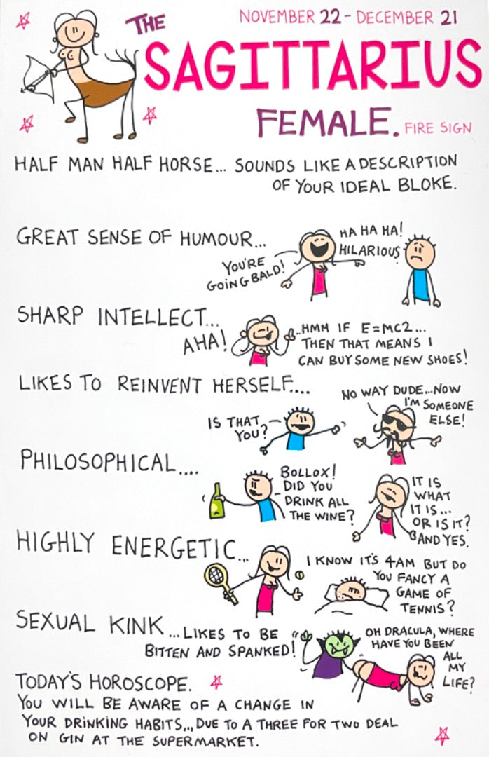 Sagittarius Female The Half Man Half Horse Nov 22 -Dec 21 Astrology Zodiac Star Sign Blank Card Naughty Rude Humour