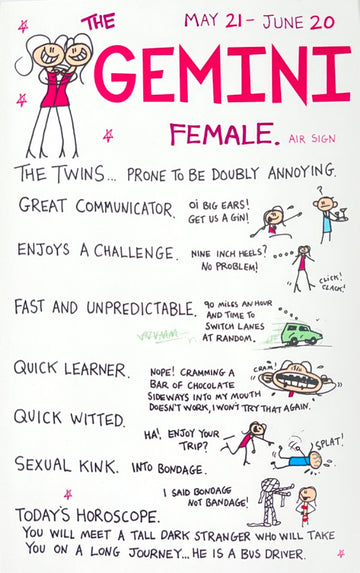 Gemini Female The Twins May 21-June 20 Astrology Zodiac Star Sign Blank Card Naughty Rude Humour