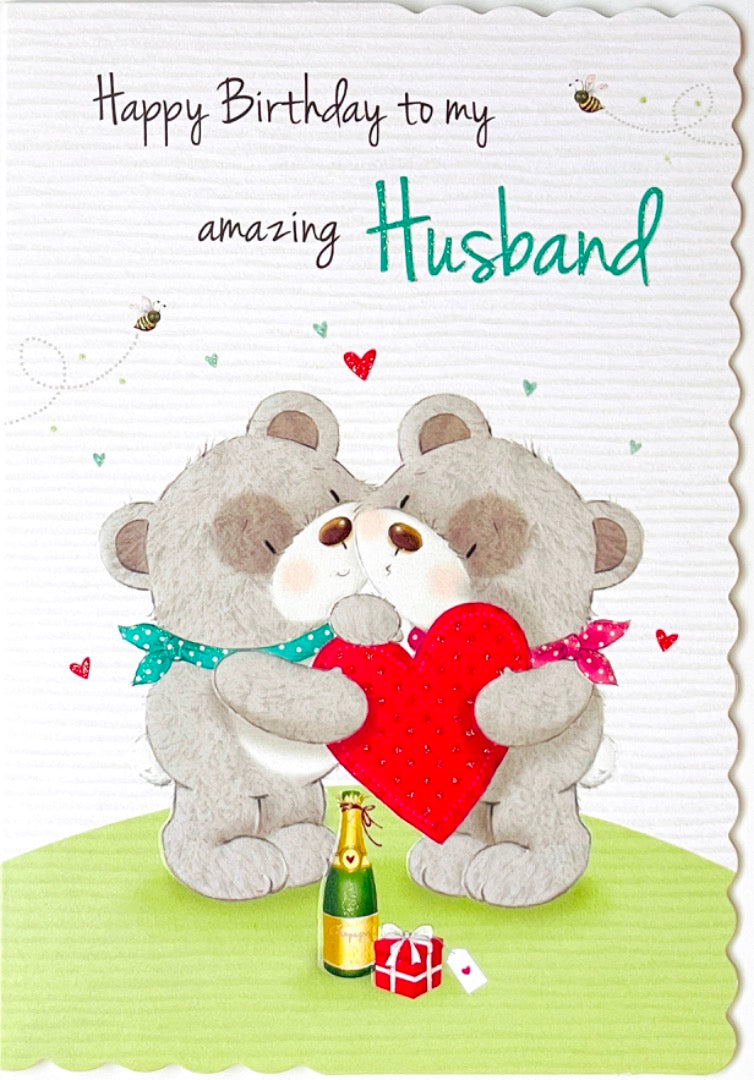 Amazing Husband Birthday Card with Lots and Lots of Love Teddy Bear Kisses Champagne Heart Gift