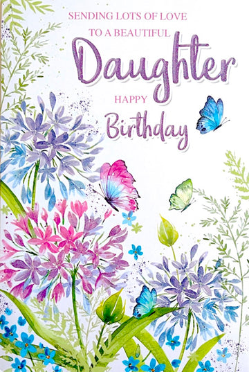 Beautiful Daughter Happy Birthday Card Butterflies Wildflowers Watercolour Art Glitter