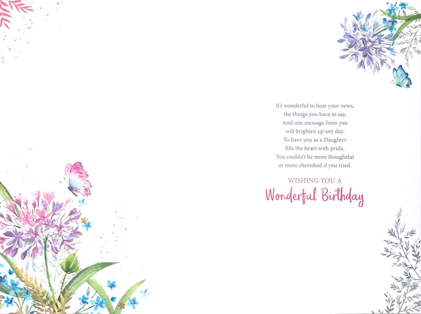 Beautiful Daughter Happy Birthday Card Butterflies Wildflowers Watercolour Art Glitter
