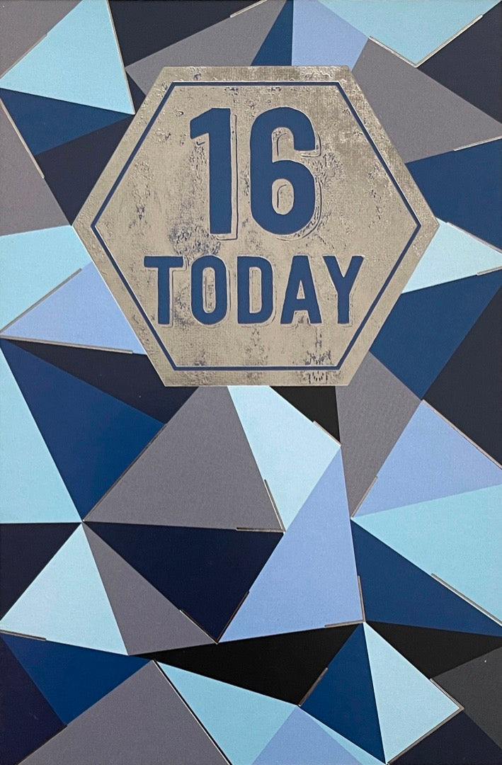 16 Today Happy 16th Birthday Card Cool Teenager Silver Foil Blue Geometric Art for Him