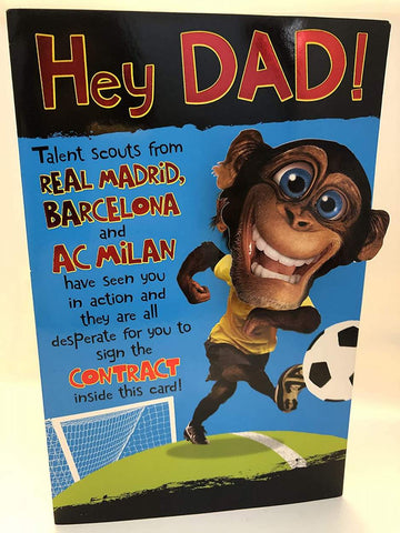 Hey Dad Football Funny Happy Father's Day 3D Pop Up Chimpanzee face with Foil Finish UK Greetings Card 
