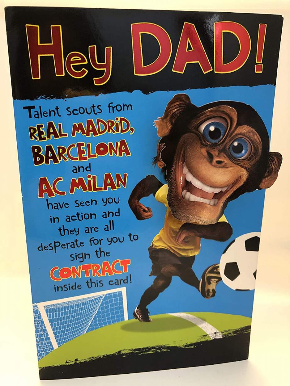 Hey Dad Football Funny Happy Father's Day 3D Pop Up Chimpanzee face with Foil Finish UK Greetings Card 