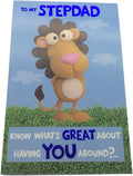 Cute Lion To My Stepdad Know What's Great About Having You Around?... Fun Father's Day Blue Foil UK Greetings Card 